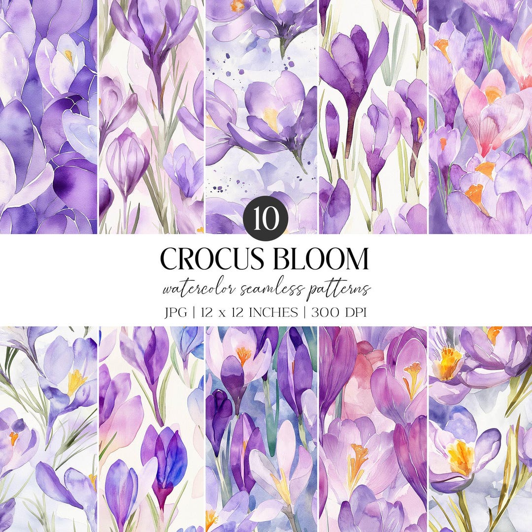 Crocuses Watercolor Seamless Pattern | Floral & Greenery JPG Digital ...