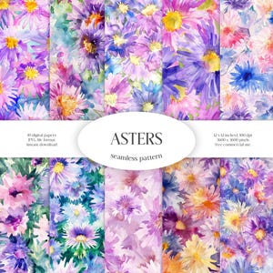 アスター水彩シームレスパターン | 花と緑のJPGデジタルペーパーパック | 背景テクスチャ | 観賞用花 | アパレル生地DIY