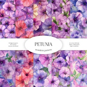 Aquarelle transparente motif pétunia | Paquet de papier numérique JPG floral et verdure | Texture d'arrière-plan | Fleurs ornementales | Vêtements, Tissu