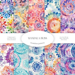 Mandala Bliss Acquerello Seamless Pattern / Yantra JPG Pacchetto di carta digitale / Yoga, Meditazione, Consapevolezza Texture di sfondo / Clipart fai da te