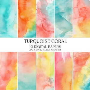 Aquarell Textur Digitales Papier | Türkis, Koralle, Gelb (JPG)