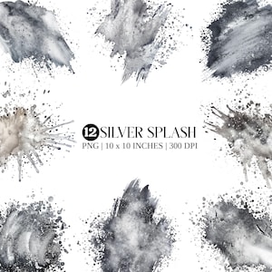 Silver Watercolor Splash Clipart | Metallic PNG Elements (Digital Download)