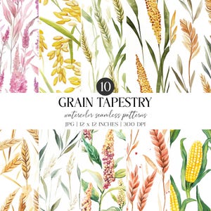 Tapiz de grano sin costuras / Papel digital de cereales con acuarela (JPG)