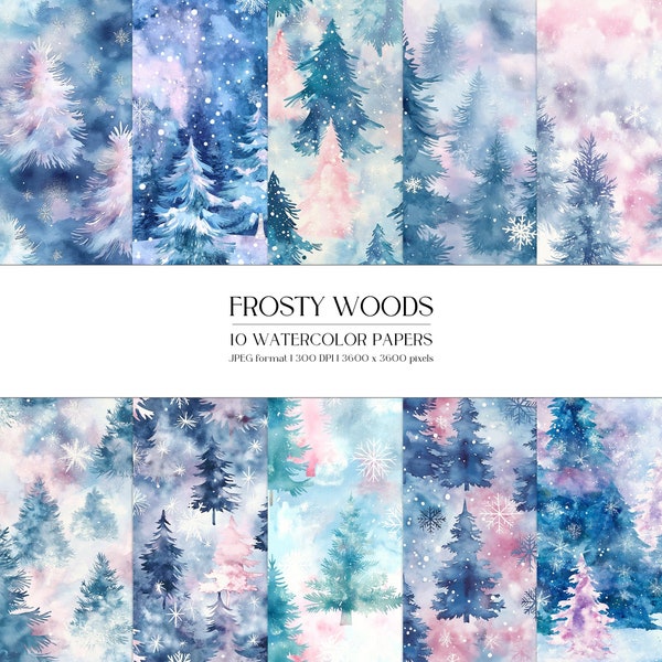 Frosty Woods Watercolor Digital Paper | Snowflakes Winter Snow Abstract Background Texture | Pink Blue Christmas JPEG | Stationery, Apparel