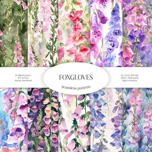 Modèle sans couture aquarelle de digitales | Paquet de papier numérique JPG floral et verdure | Texture d'arrière-plan | Fleurs ornementales | Tissu, habillement