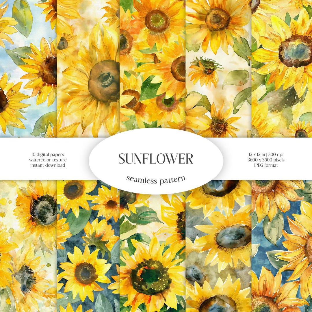 Sunflower Watercolor Seamless Pattern | Floral & Greenery JPG Digital ...
