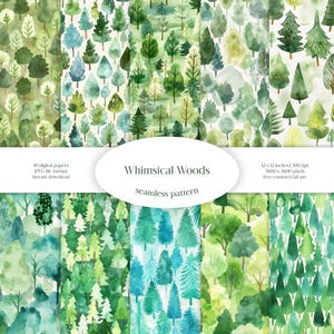 Whimsical Woods Acquerello Seamless Pattern / Allegro Canopy JPG Digital Paper Pack / Evergreen Forest Background Texture / Grove Fabric
