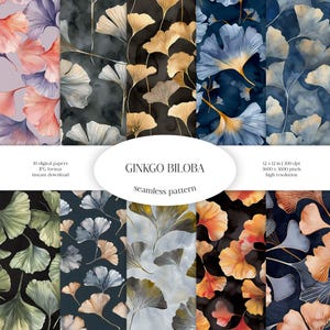Collezione di motivi senza soluzione di continuità con foglie di ginkgo / Confezione di carta digitale con verde orientale / Cancelleria, Sfondi, Design d'interni, Abbigliamento, Stampe