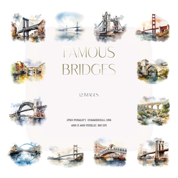 World Famous Bridges Watercolor Clipart | Landmark Viaduct JPG Set | Stationery, Card Making, Paper Craft, Journal, Planner, Apparel, Invite