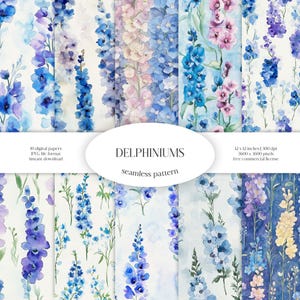 Delphiniums Acquerello Seamless Pattern / Floral & Greenery JPG Digital Paper Pack / Texture di sfondo / Fiori ornamentali / Tessuto di prato