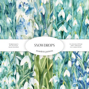 Aquarelle transparente motif perce-neige | Paquet de papier numérique JPG floral et verdure | Texture d'arrière-plan | Fleurs ornementales | Tissu, habillement