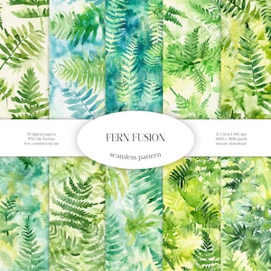 Modèle sans couture aquarelle fougère fusion | Paquet de papier numérique JPG de verdure et de fleurs | Texture d'arrière-plan | Feuilles ornementales | Tissu pour vêtements