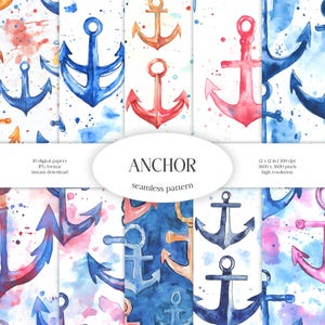 Padrão de âncora de navio em aquarela sem costura | Pacote de papel digital JPG para viagem marítima | Fundo de navegação oceânica | Tecido para barco marítimo | Náutico