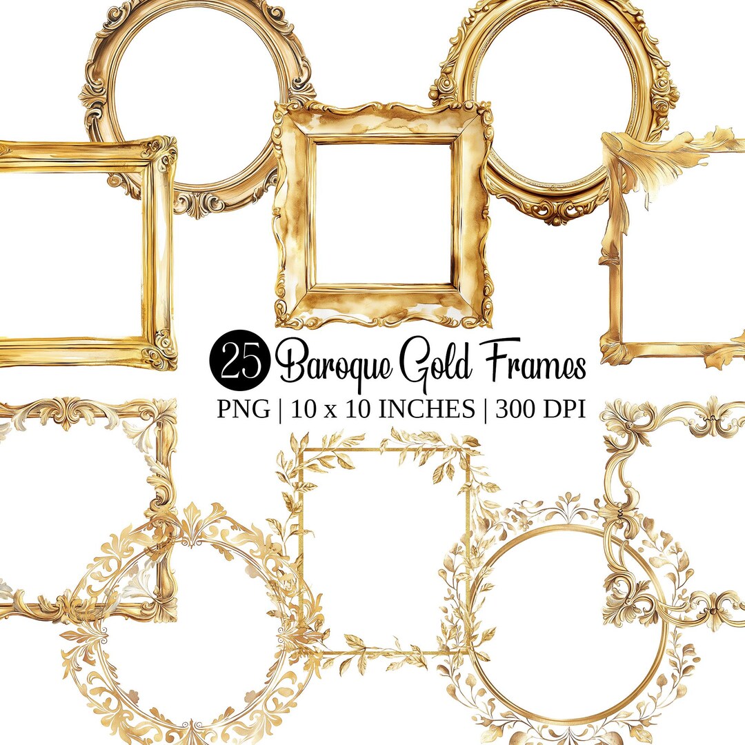 Baroque Gold Frames Watercolor Clipart | Vintage Filigree PNG Set ...