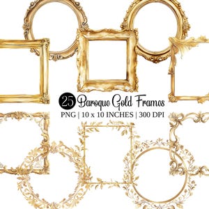 Baroque Gold Frames Watercolor Clipart | Vintage Filigree PNG Set (Digital Download)