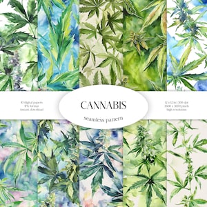 Modello senza cuciture acquerello di cannabis / Foglie di canapa e boccioli Pacchetto di carta digitale JPG / Texture di sfondo verde / Tessuto floreale Indica Sativa