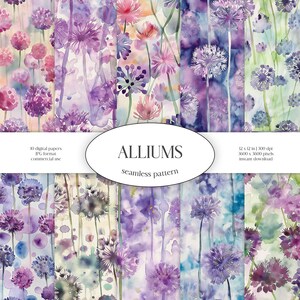 Aquarelle transparente motif allium | Paquet de papier numérique JPG floral et verdure | Texture d'arrière-plan | Fleurs ornementales | Vêtements, Tissu