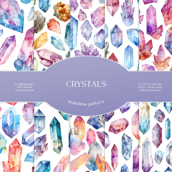 Crystals Watercolor Seamless Pattern Collection | Quartz Mineral Digital Paper Pack | Background, Collage, Paper Craft, Card Making, Apparel