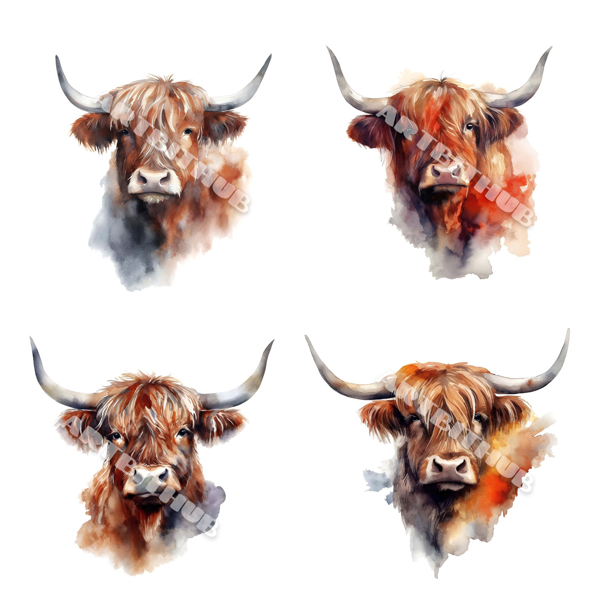Highland Cow Watercolor Clipart | Farm Animal JPG Collection (digital ...