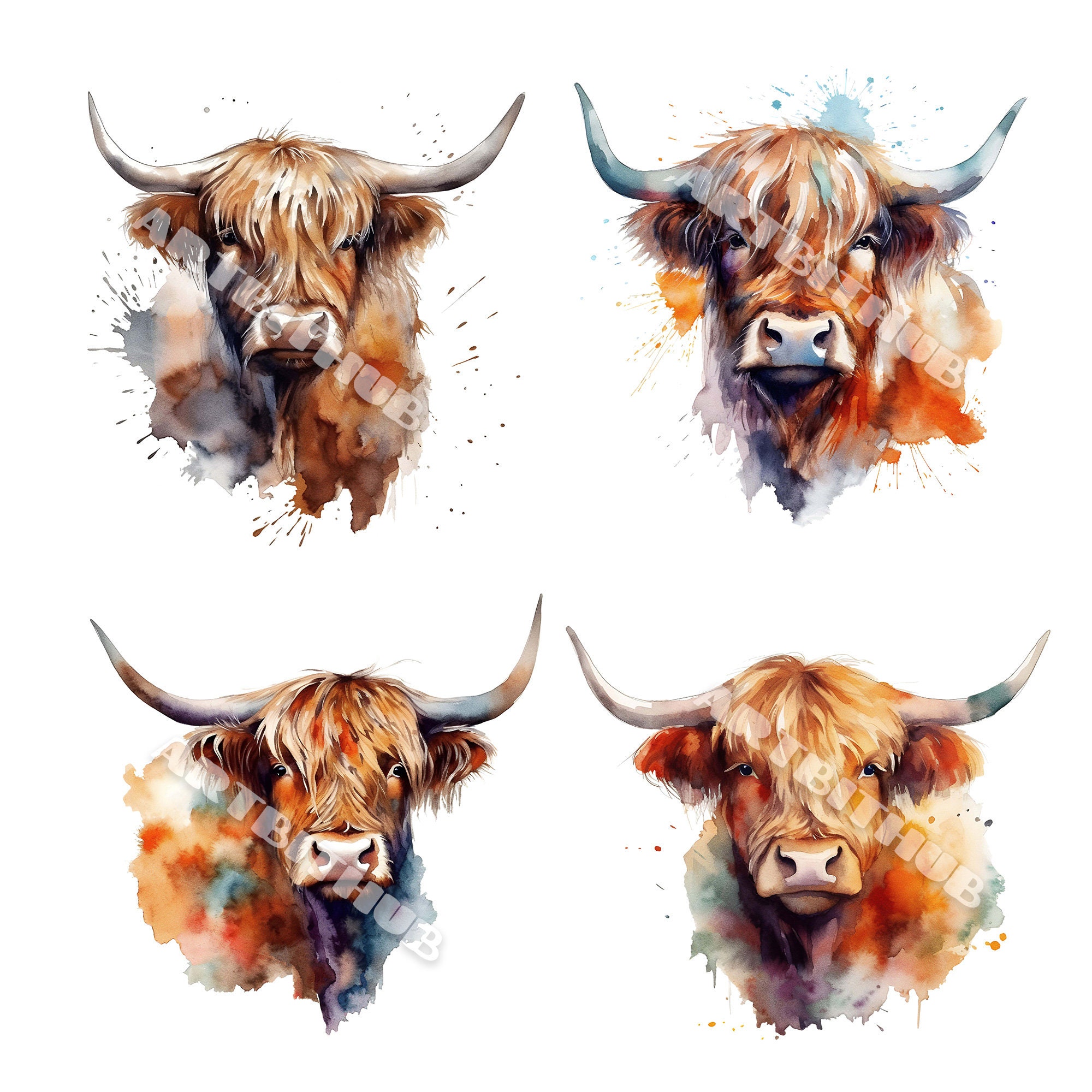 Highland Cow Watercolor Clipart | Farm Animal JPG Collection | Digital ...