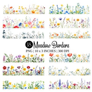 Clip art con bordi di prati acquerellati / cornici PNG floreali (download digitale)