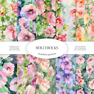 Modèle sans couture aquarelle roses trémières | Paquet de papier numérique JPG floral et verdure | Texture d'arrière-plan | Fleurs ornementales | Vêtements en tissu