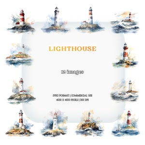 Leuchtturm Aquarell Clipart | Marine Küstenleuchtfeuer JPG Sammlung | Schreibwaren, Papierkunst, Kartengestaltung, Kleidung, Digitaldruck-Planer