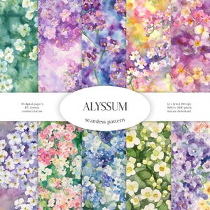 アリッサム水彩シームレスパターン | 花と緑のJPGデジタルペーパーパック | 背景テクスチャ | 観賞用花 | アパレル、ファブリック