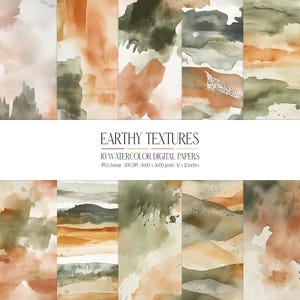 Papel digital aquarela com texturas terrosas | Coleção de fundo abstrato moderno | Pacote JPG de pinceladas e manchas orgânicas | Papelaria DIY
