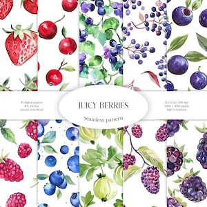 Juicy Beeren Aquarell Muster | Obst JPG Digital Paper Pack | Erdbeere, Maulbeere, Moosbeere, Stachelbeere, Himbeere Hintergrund
