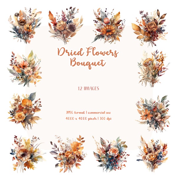 Bouquets de fleurs séchées Clipart aquarelle | Ensemble JPG floral et verdure | Papeterie de mariage, créations en papier, fabrication de cartes, vêtements, bricolage de motifs