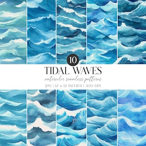 Watercolor Tidal Waves Seamless Pattern | Ocean Digital Paper (JPG)