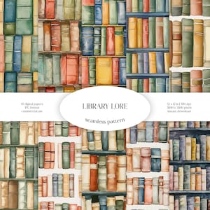 Patrón sin costuras de acuarela de la Biblioteca Lore / Paquete de papel digital JPG de libros / Textura de fondo de manuscrito / Tela novedosa / Azulejo de códice / Folio