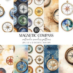 Watercolor Compass Seamless Pattern | Nautical Digital Paper Pack (JPG)
