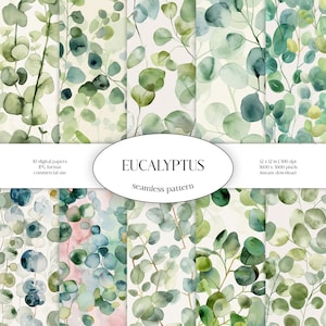 Modèle sans couture aquarelle d'eucalyptus | Paquet de papier numérique JPG de verdure et de fleurs | Texture d'arrière-plan | Feuilles ornementales | Vêtements, Tissu
