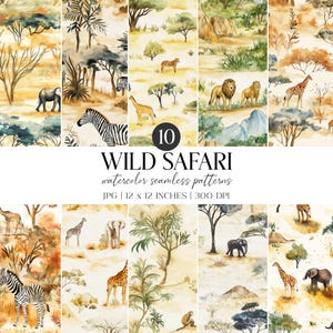 Patrón sin costuras de safari salvaje / Animales de acuarela, impresión africana (paquete de papel digital JPG)