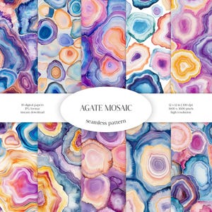 Padrão de aquarela em mosaico de ágata sem emendas | Pacote de papel digital JPG com redemoinhos de pedra | Fundo de estrato de cristal | Tecido com veios de mármore | Pedras preciosas