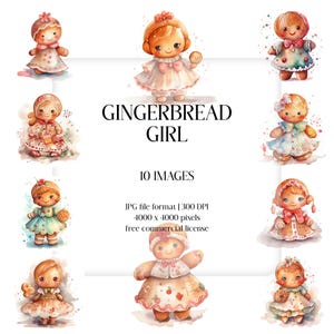 Gingerbread Girl Watercolor Clipart | Christmas Cookie JPG Pack (Digital Download)