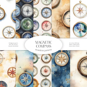 Padrão de aquarela de bússola magnética sem costura | Pacote de papel digital JPG de navegação | Fundo de instrumento náutico | Viagem marítima | Relógio