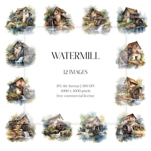 Watercolor Watermill Clipart Set | Mill Creek Art (Digital Print)