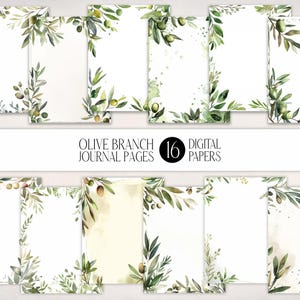 Olive Branch Watercolor Journal Pages | Botanical Stationery (JPG Digital Paper Pack)