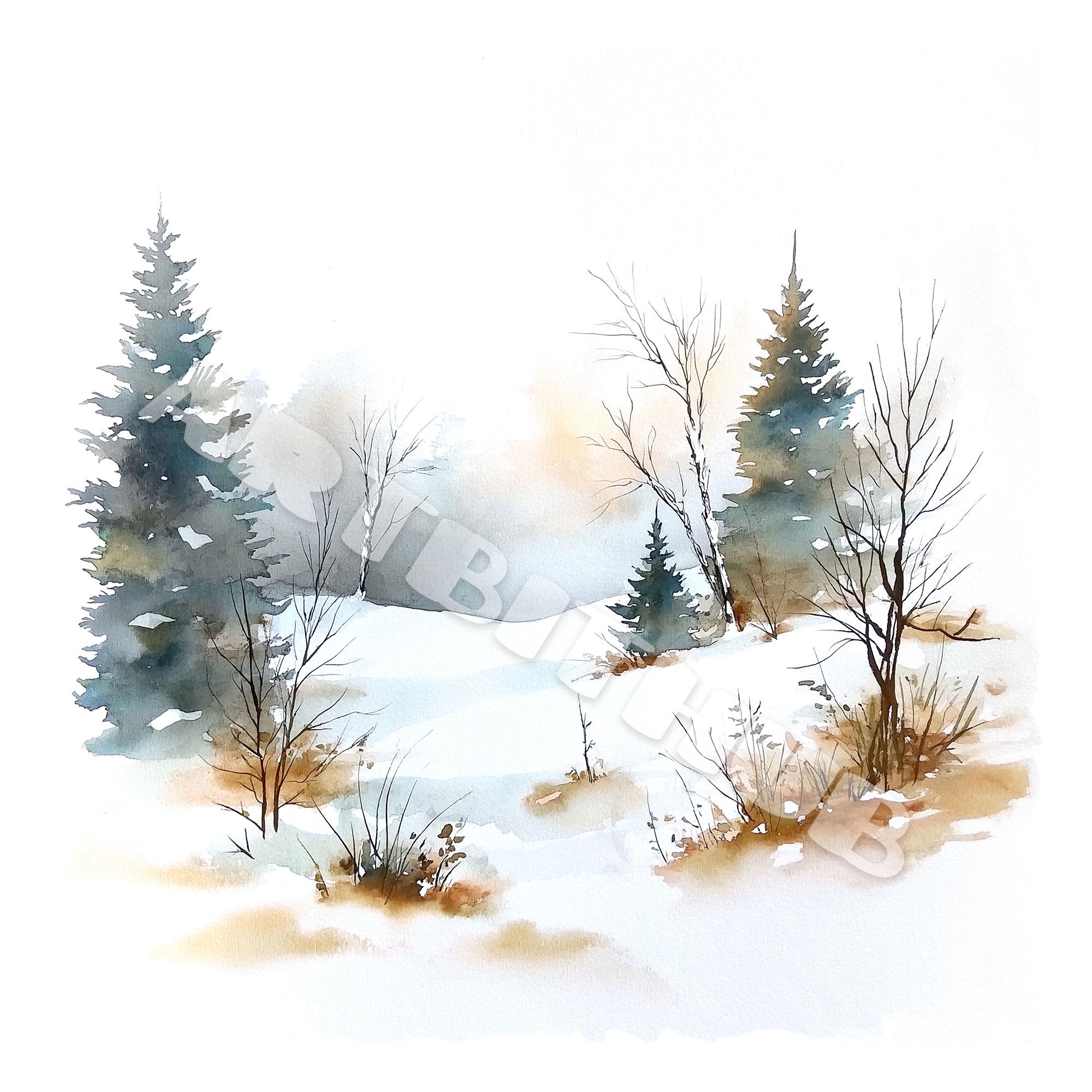 霜の降りた森の水彩画クリップアート | 冬の風景 JPG コレクション