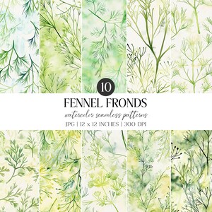Motif aquarelle de feuilles de fenouil | Papier numérique Greenery (JPG)