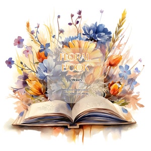 Clipart de acuarela de libro floral / JPG de novelas y flores / Papelería, agenda, manualidades de papel, fabricación de tarjetas, indumentaria, impresión digital, club de lectura DIY