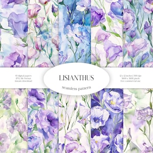 Aquarelle transparente motif Lisianthus | Paquet de papier numérique JPG floral et verdure | Texture d'arrière-plan | Fleurs ornementales | Vêtements en tissu