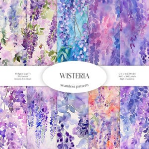 Aquarelle transparente motif glycine | Paquet de papier numérique JPG floral et verdure | Texture d'arrière-plan | Fleurs ornementales | Vêtements, Tissu