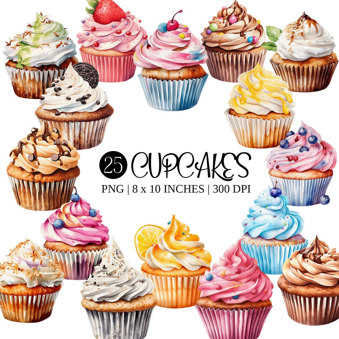 Watercolor Cupcake Clipart Set | 25 PNG Dessert Illustrations (digital ...