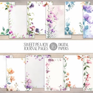 Pages de journal aquarelle Joie des pois de senteur | Papier numérique JPG Fleurs et verdure | Notes florales | Papeterie, scrapbooking, fabrication de cartes, bricolage