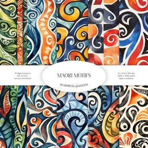 Maori Motive Aquarell Musterdesign | Tribal Weave JPG Digital Paper Pack | Polynesischer Hintergrund | Bunte künstlerische Wirbel Fabric DIY