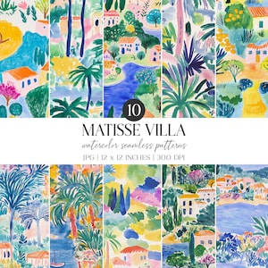 Patrón sin costuras de acuarela de Matisse Villas / Papel digital impresionista (JPG)